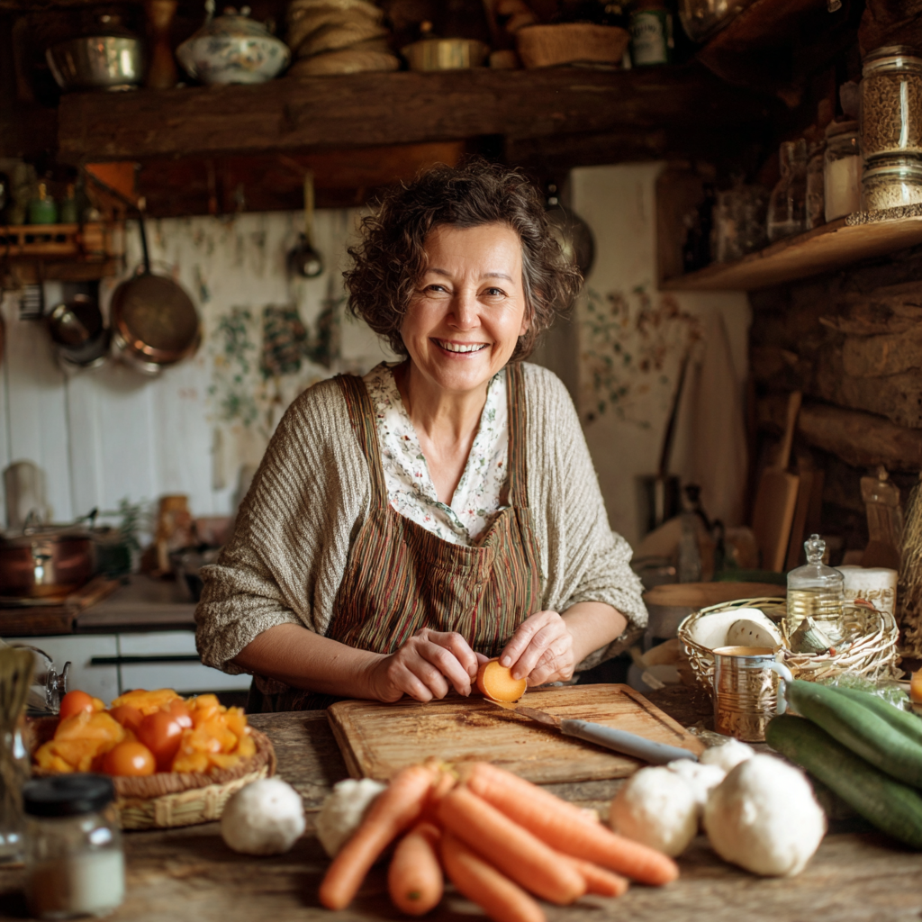 Happy middle-aged Ukrainian woman preparing traditional healthy meals in a bright kitchen, smiling while holding fresh vegetables and grains