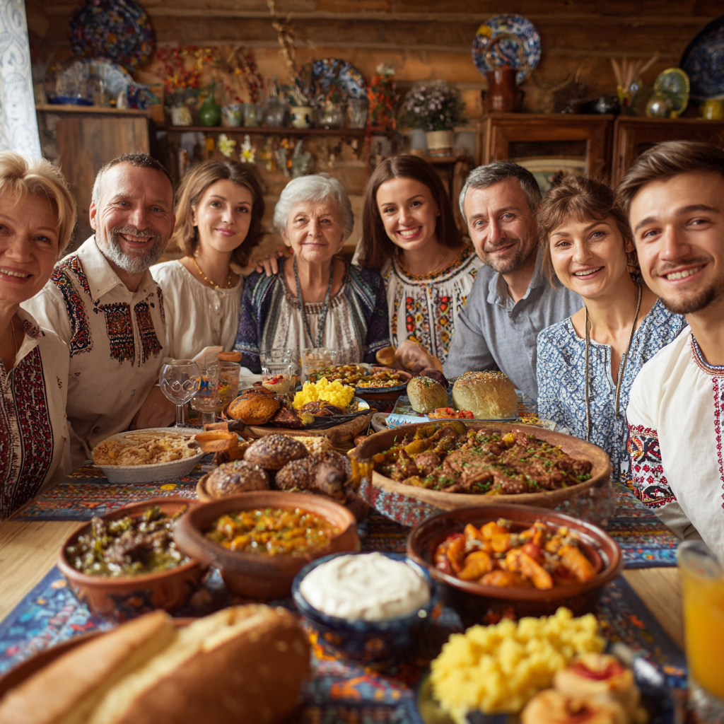 Diverse group of smiling Ukrainian adults of different ages sitting around a table with traditional healthy Ukrainian dishes, showing enjoyment and satisfaction from nutritious meal