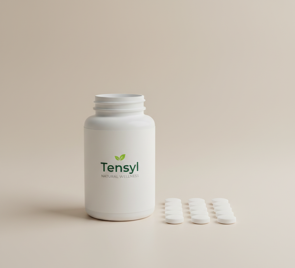 Tensyl упаковка на нейтральному фоні - натуральний засіб для підтримки нормального артеріального тиску у вигляді капсул в синій коробці з білим логотипом